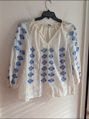 💙 Woodstock Era Vintage – Sheer Embroidered Hippie Blouse